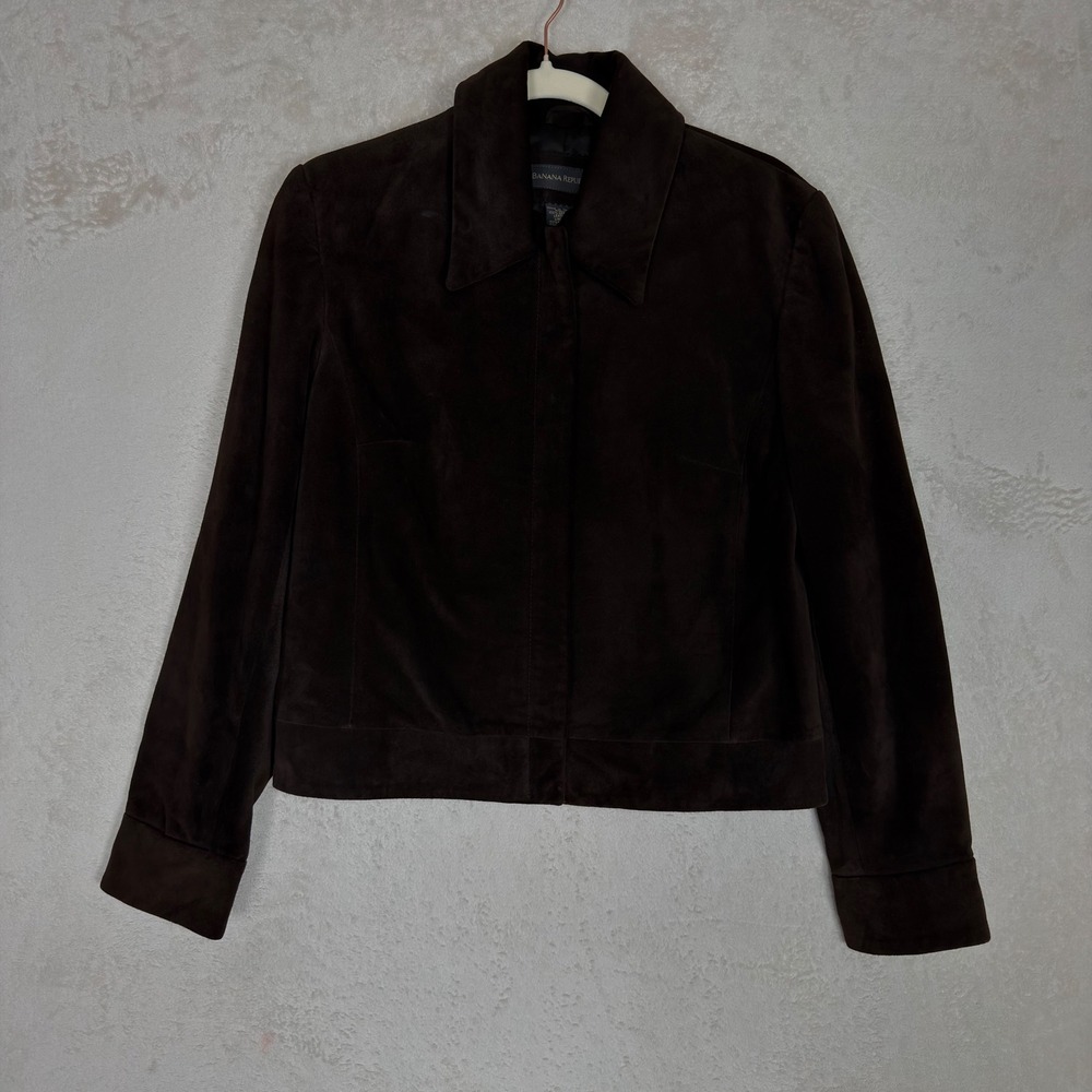 Vtg Banana Republic Dark Brown Suede Leather Zip Up Jacket Small 90's Minimalist